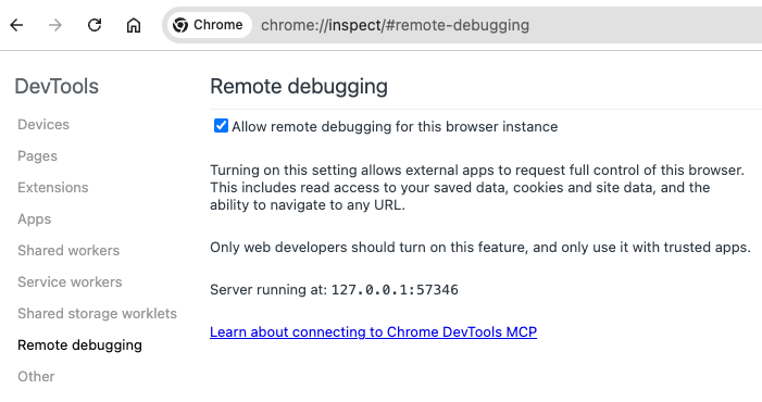 Chrome remote debugging settings at chrome://inspect showing Allow remote debugging checkbox