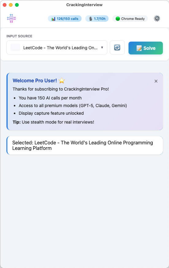 Main screen with Chrome Ready status and LeetCode tab selected