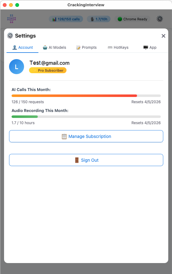 Account settings showing Pro subscription status, usage quotas