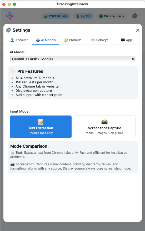 AI Models settings — 4 premium models, Text Extraction and Screenshot Capture toggle