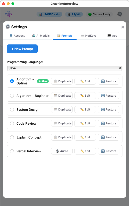 Prompts settings with 6 built-in prompts and language selection
