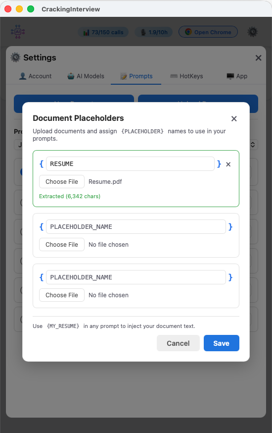 Document Placeholders dialog — upload documents and assign placeholder names for use in prompts